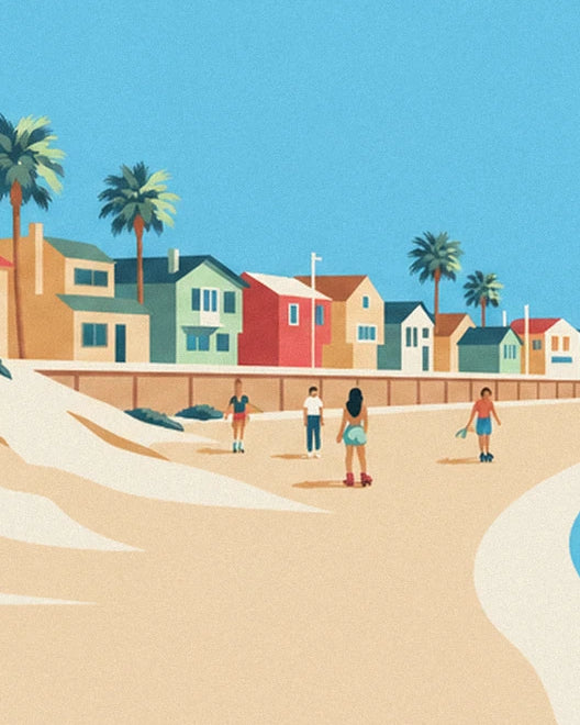 Des patineurs à roulettes sur la promenade, devant une rangée de maisons rouges, vertes et ocre