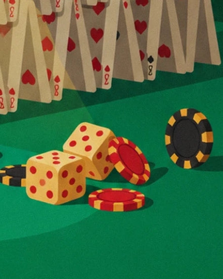 The 2 yellow dice and red and black chips on the green casino baize