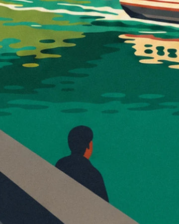 Un homme en veste sombre, de dos sur le quai, face à l'eau verte et aux reflets de la Saône