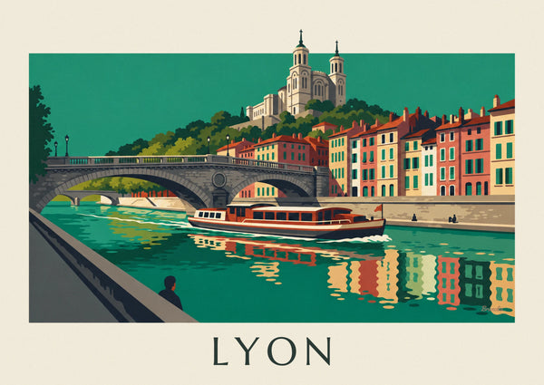 Affiche bateau sous un pont de la Saône et Vieux Lyon