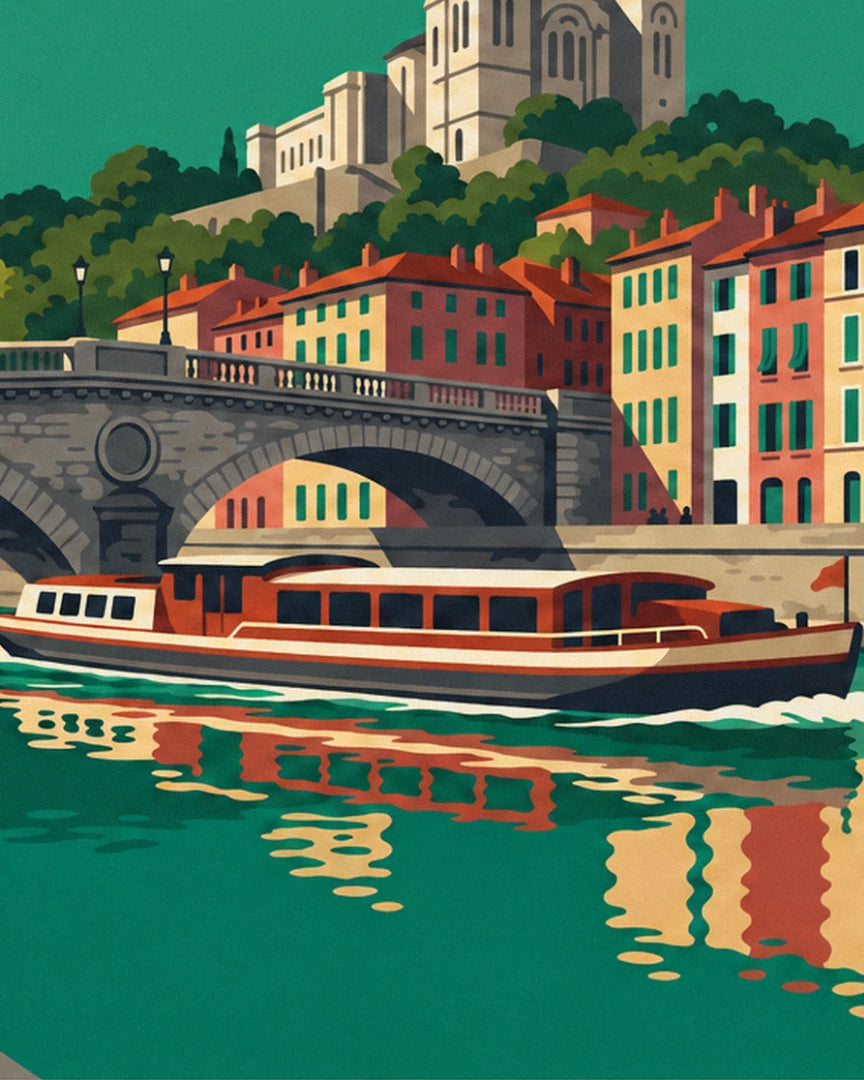 Le bateau rouge et crème sous le pont de pierre, avec la basilique en haut de la colline