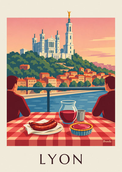 Juliste lyonilainen bouchon-ravintola Saône-joen ja Fourvièren edessä: koko juliste