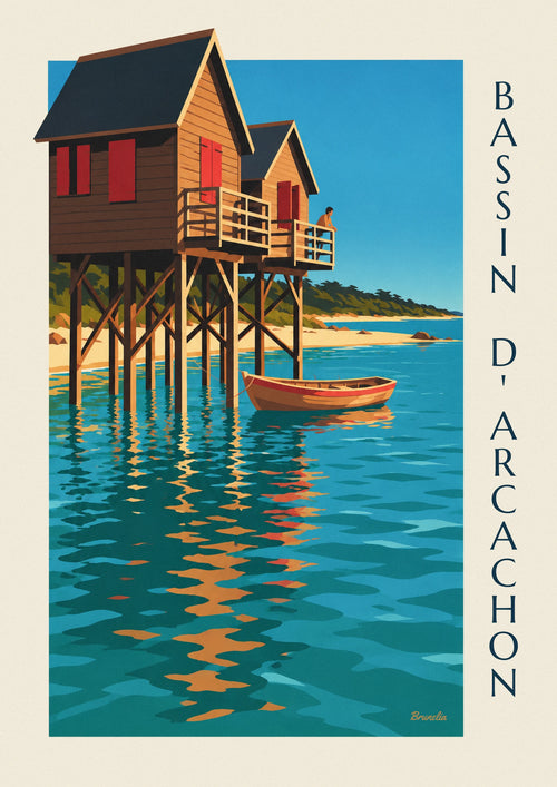 Affiche cabanes tchanquées du bassin d’Arcachon au crépuscule : l'affiche entière