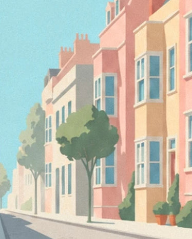 Pink and cream façades with blue-tinted windows, lined with trees and potted plants