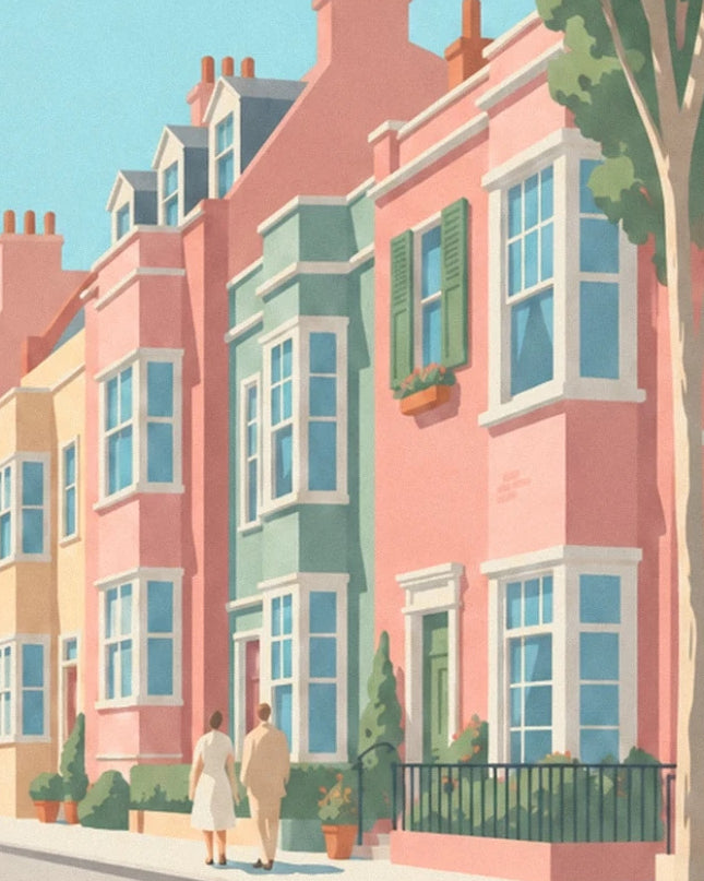 Pink and green façades with bay windows, with 2 passers-by on the pavement