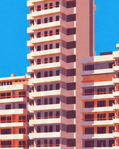 The pink tower with its stacked white balconies against the blue sky of Villeneuve-Loubet