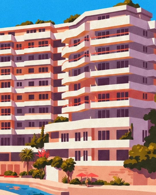 Stepped façades with white balconies, between palm trees and red parasols