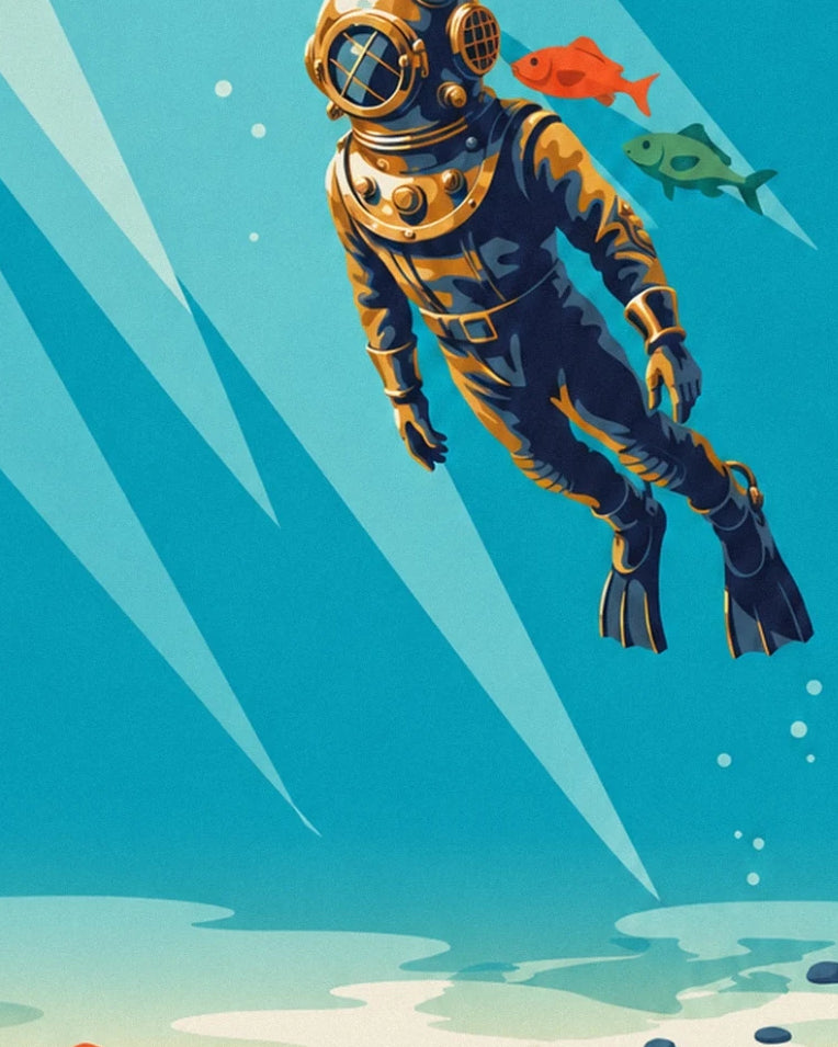 Copper helmet diver descending into the sea poster: close-up detail