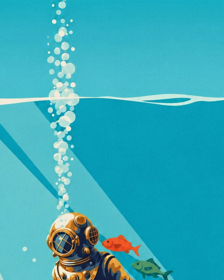 Copper helmet diver descending into the sea poster: close-up detail