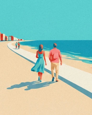 Le couple qui marche sur la promenade, elle en robe bleue, lui en chemise rose
