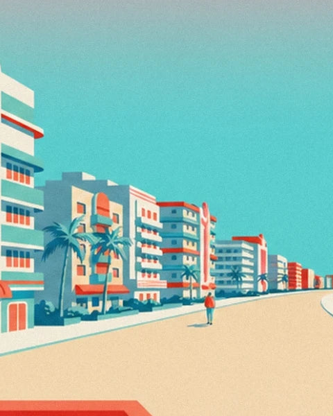 Les façades Art déco pastel et leurs palmiers, le long de la rue de Miami