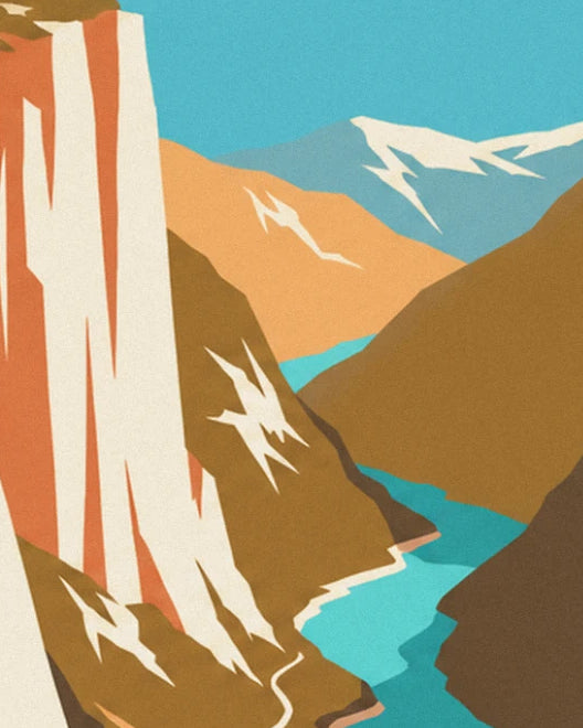 The turquoise river at the bottom of the gorge, between ochre cliffs and a snow-capped mountain in the distance