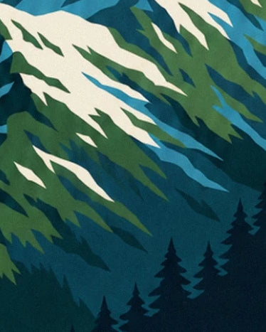 Pentes vertes et neige blanche, avec des sapins sombres au pied de la montagne