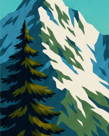 Un grand sapin sombre aux branches jaune-vert devant la crête enneigée