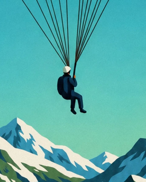 Le parapentiste en combinaison bleue et casque blanc, suspendu à ses suspentes au-dessus des cimes enneigées