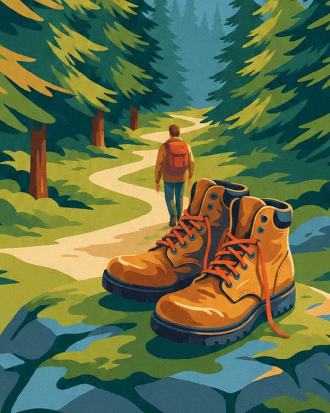 Les 2 chaussures de randonnée orange et le marcheur au sac rouge sur le sentier