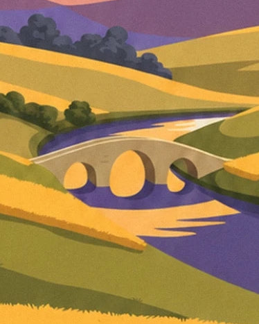 The stone bridge with 3 arches over the purple river, between golden fields