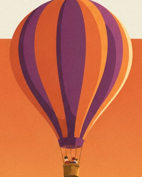 The hot-air balloon with orange and purple stripes and 2 passengers in the basket