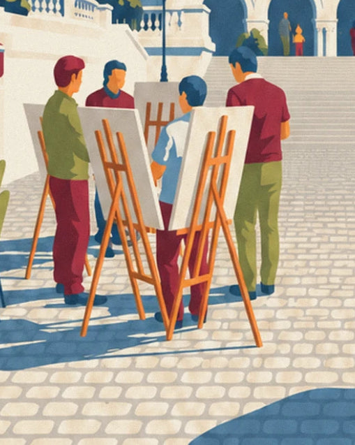 Painters standing at their orange easels on the cobbled square