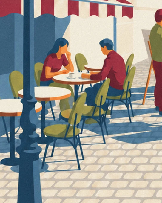 Couple seated at a café terrace table beneath the red and white striped awning, near the street lamp