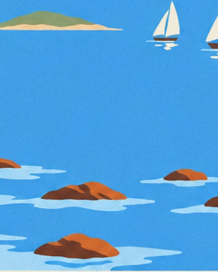 Des rochers ocre affleurant sur l'eau bleue, et des voiliers au loin
