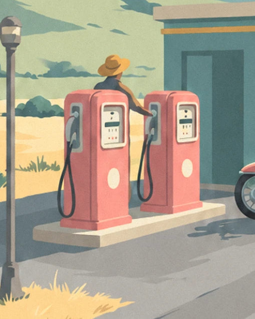 Man in a straw hat behind 2 coral-red petrol pumps, with a street lamp on the left