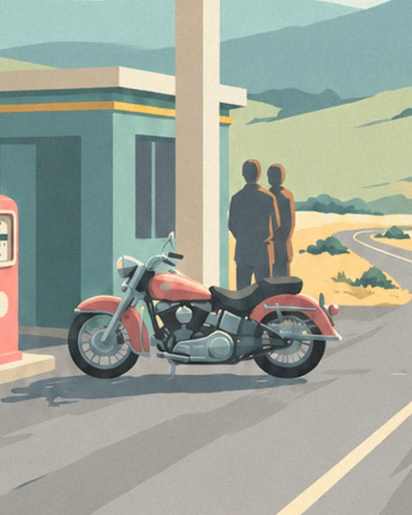Coral-red motorbike with chrome details parked in front of 2 figures, near the small green building