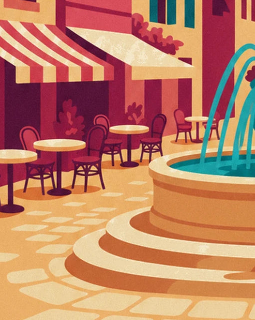 La terrasse de café aux stores rayés rose et crème, tables rondes et bassin de la fontaine