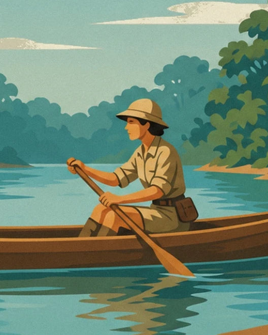 L’exploratrice au chapeau beige pagayant dans sa pirogue sur le fleuve amazonien