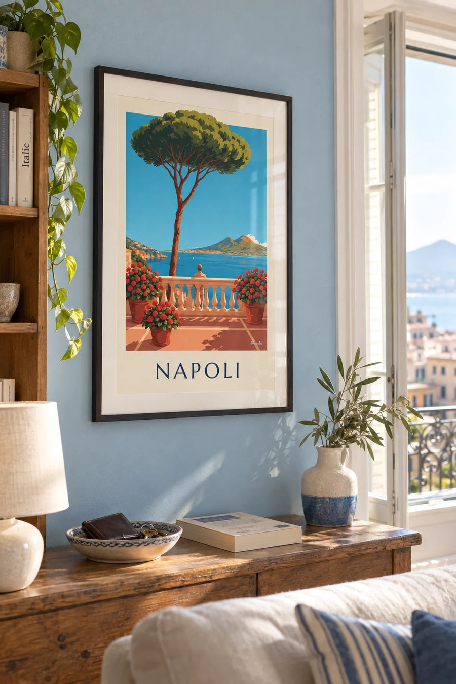 Affiche Naples baie et Vésuve vue de la terrasse : encadrée au mur