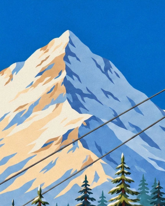 Le sommet enneigé sous le ciel bleu, derrière les câbles de la télécabine