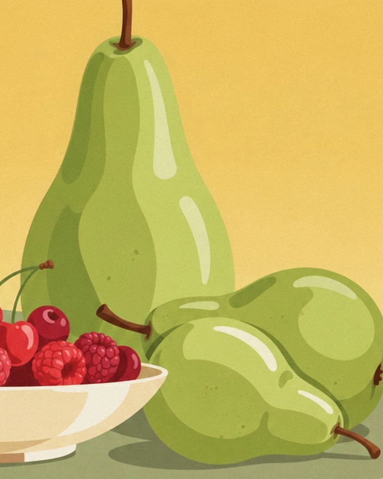Still life with berry bowl and pears poster: close-up detail