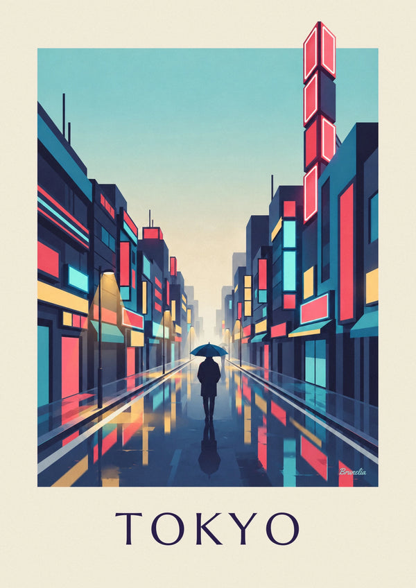 Affiche nuit de pluie et néons dans le quartier de Shinjuku à Tokyo