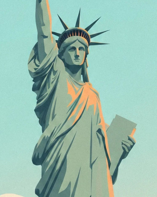 The crowned Statue of Liberty, holding her tablet and wearing a copper-green robe