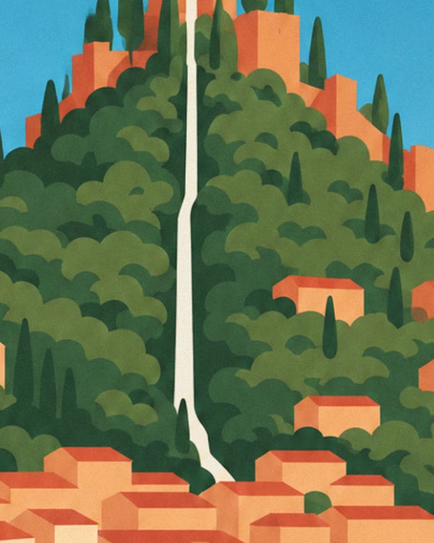 La cascade blanche qui dévale la colline boisée, cyprès et toits de tuiles orange en bas