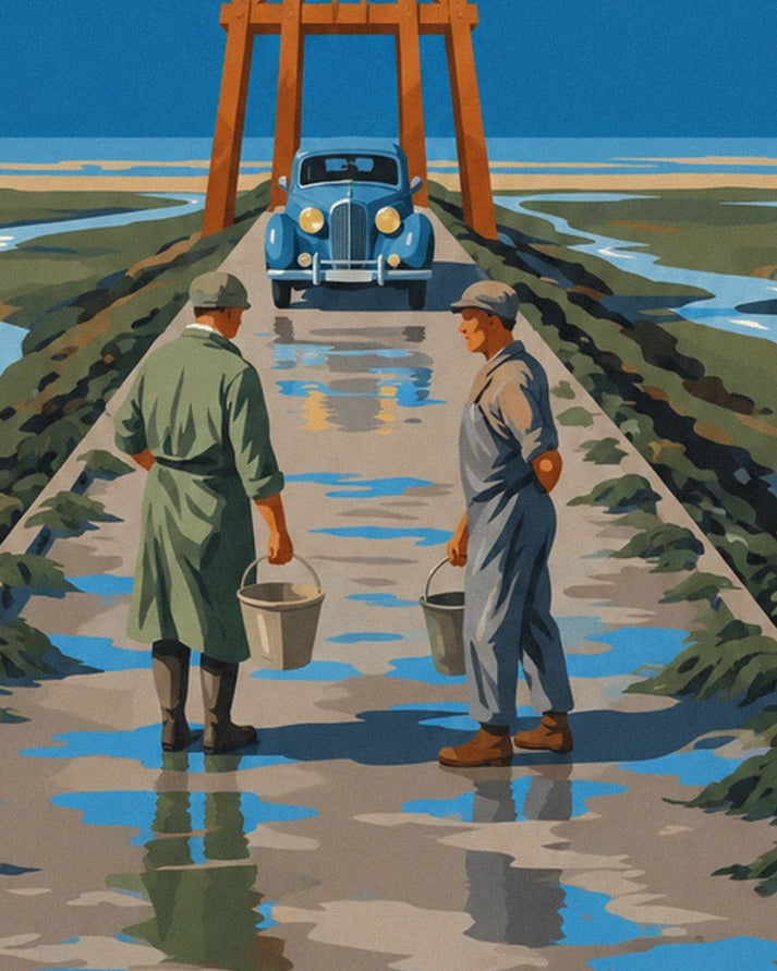2 shore gatherers with buckets in hand, facing a blue car on the flooded crossing