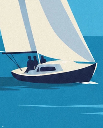 The sailing boat with a midnight blue hull and its 3 figures beneath the cream sails