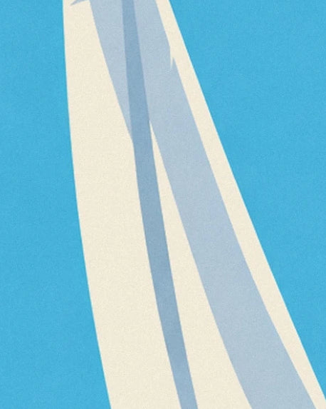The curves of the cream sails and their pale blue shadows against a turquoise background