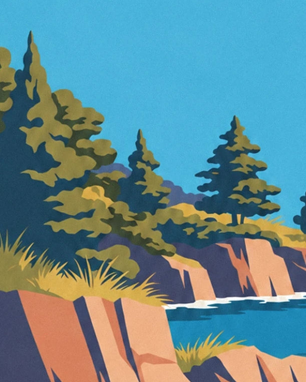 Olive green conifers and golden grasses on top of the orange rocks