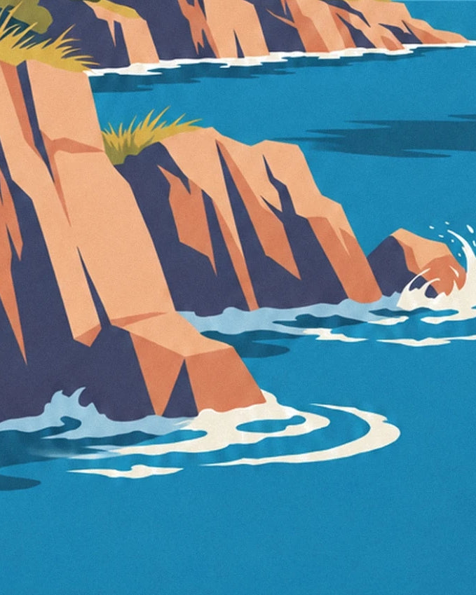 The orange cliffs with dark shadows, edged with foam on the turquoise sea