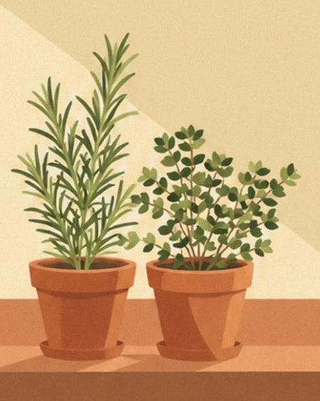 Les 2 pots en terre cuite et leurs herbes aromatiques sur un rebord orangé