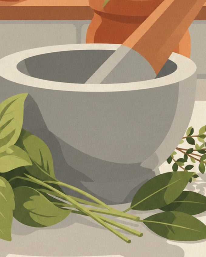 Le mortier gris et son pilon en bois, entourés de feuilles et de tiges vertes