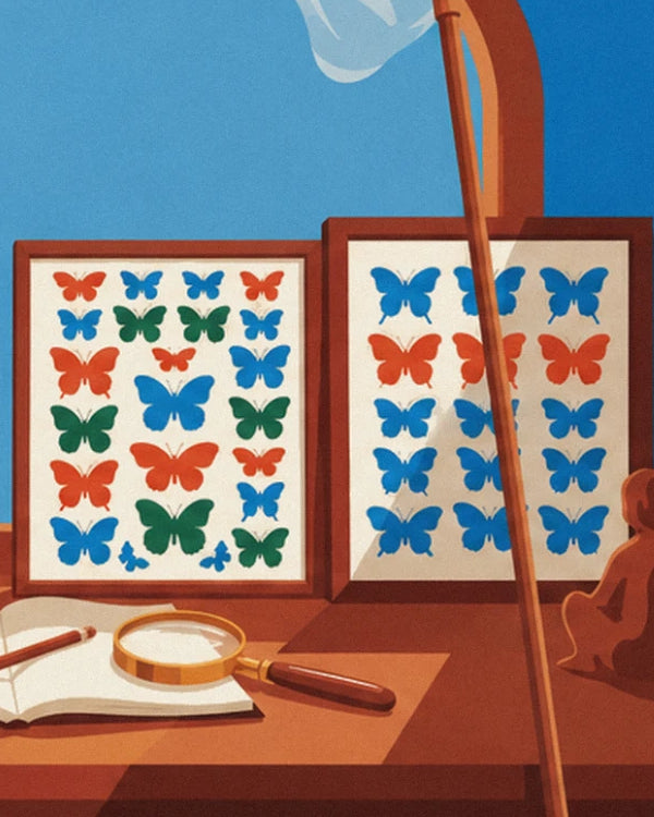 Les planches de papillons colorés encadrées, la loupe et le carnet sur le bureau