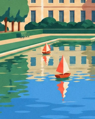 Les 2 voiliers rouges et blancs sur le bassin, devant la façade aux reflets dorés