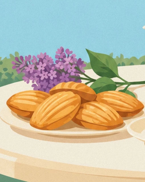 Golden madeleines on a pale plate in front of mauve flowers and green leaves