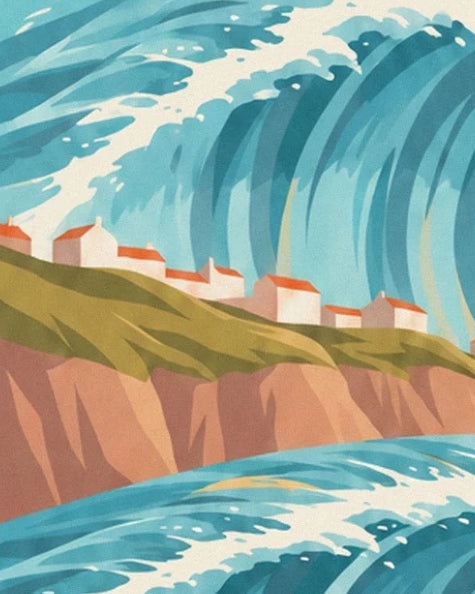 White houses with red roofs on the cliffs, between foaming waves