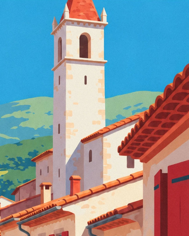 The white stone bell tower with its red tiled roof, against a backdrop of hills