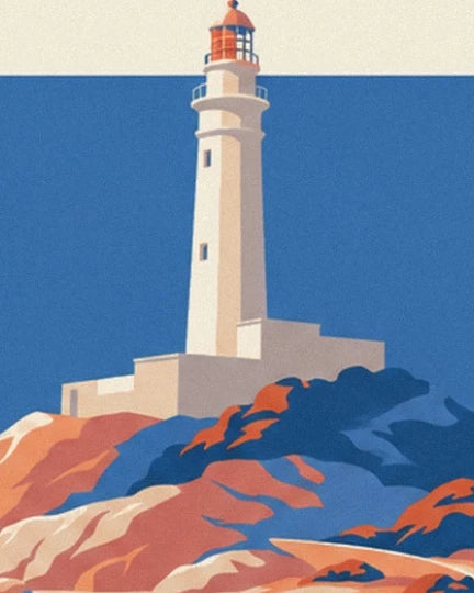 Le phare blanc et sa lanterne orangée au-dessus des rochers bleus et corail