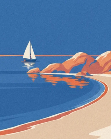 Le voilier blanc près des rochers orangés et de la plage en arc de cercle