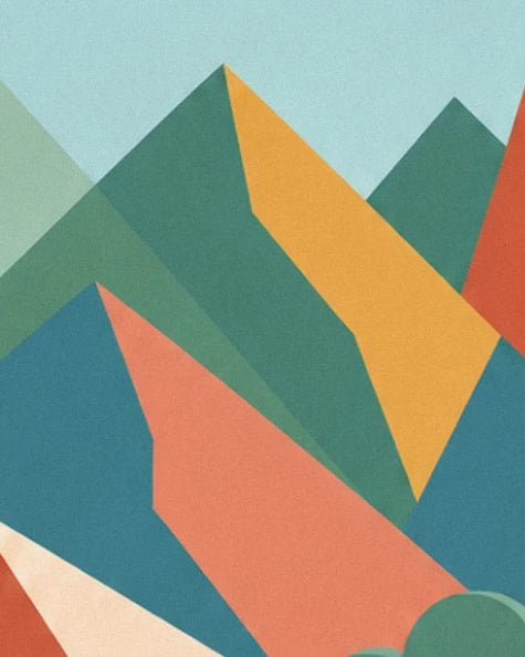 Angular green mountains with golden yellow and salmon pink slopes